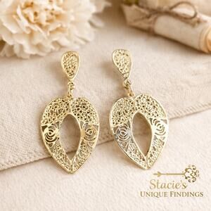 Vintage Gold Tone Filigree Drop Dangle Earrings Floral Cutout